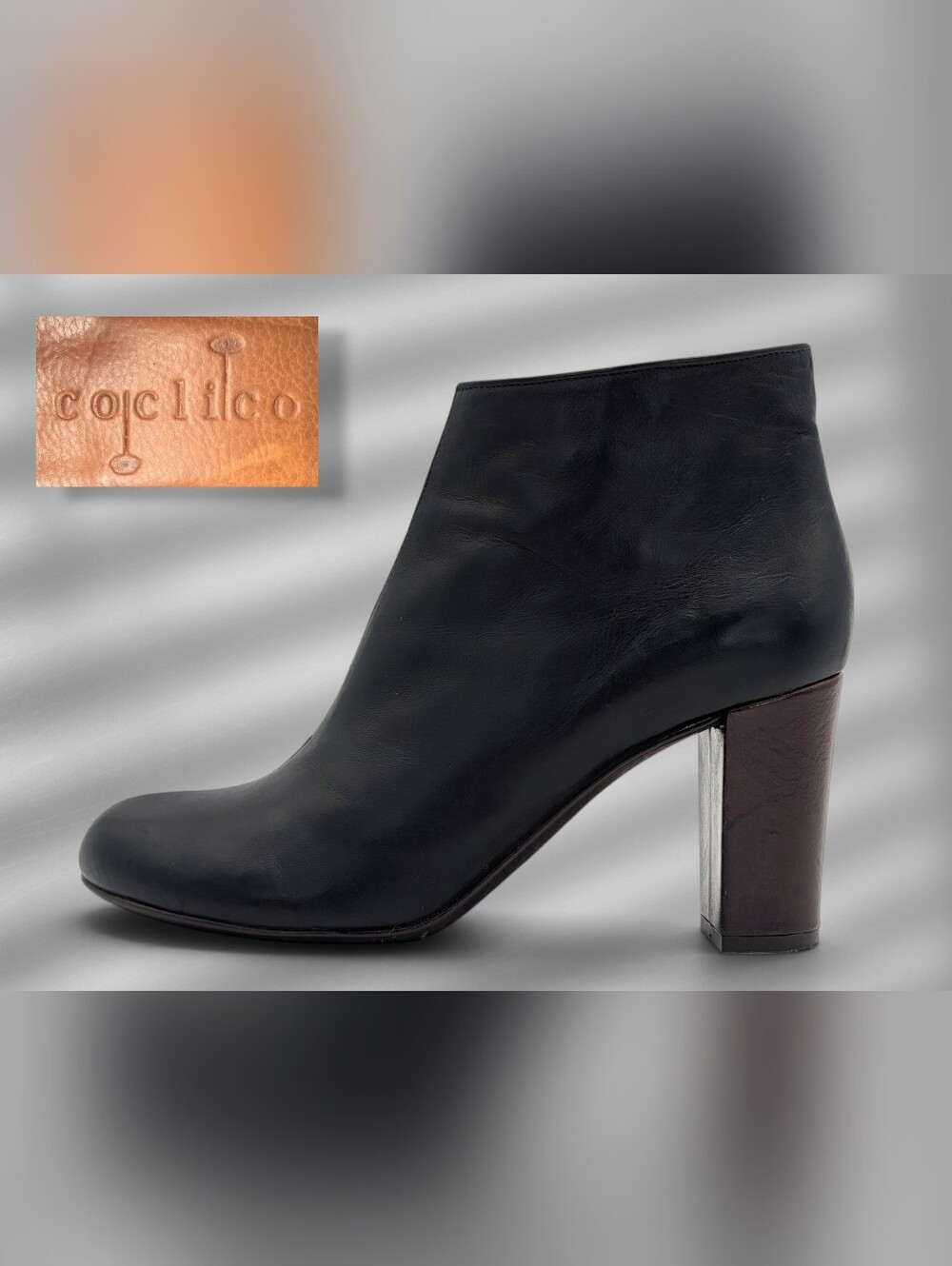 Coclico Sz 7 EU 37 Black Round Toe Ankle Booties Oxblood 3in Block Heel Side Zip